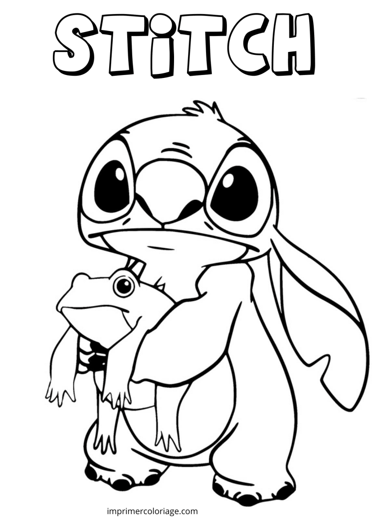 Coloriage Stitch avec une grenouille - dessin gratuit &agrave; imprimer