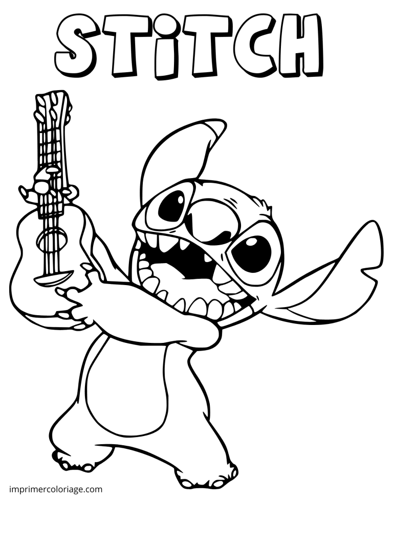 Coloriage Stitch qui joue de la guitare - dessin gratuit &agrave; imprimer