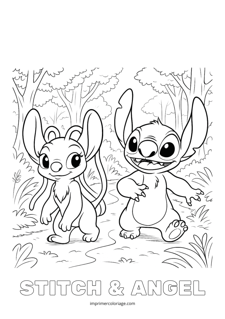Coloriage stitch et angel dans la foret - dessin gratuit &agrave; imprimer