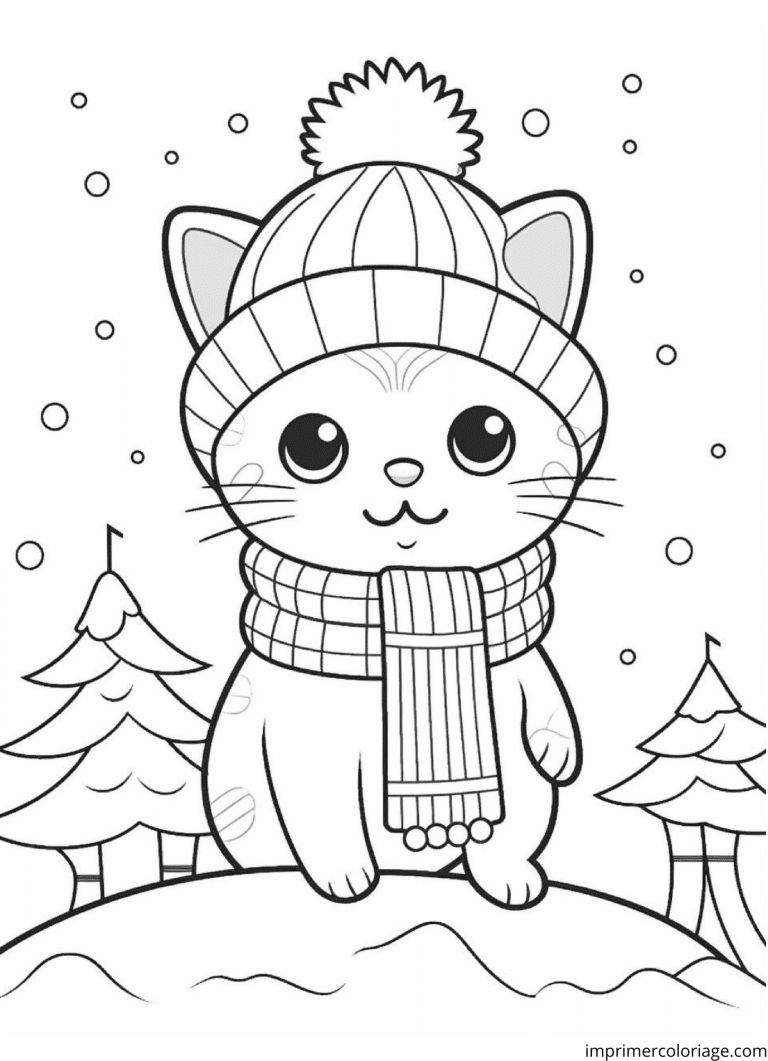 Coloriage facile chat hiver - dessin gratuit &agrave; imprimer