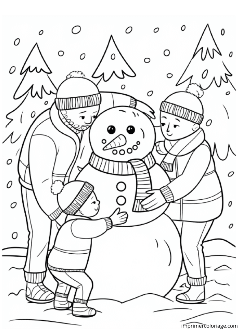 Coloriage famille bonhomme de neige - dessin gratuit &agrave; imprimer