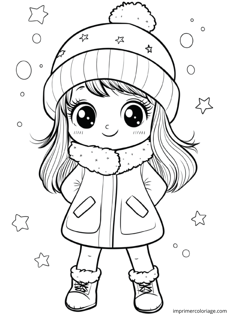 Coloriage fille avec son manteau hiver &agrave; l'&eacute;cole - dessin gratuit &agrave; imprimer