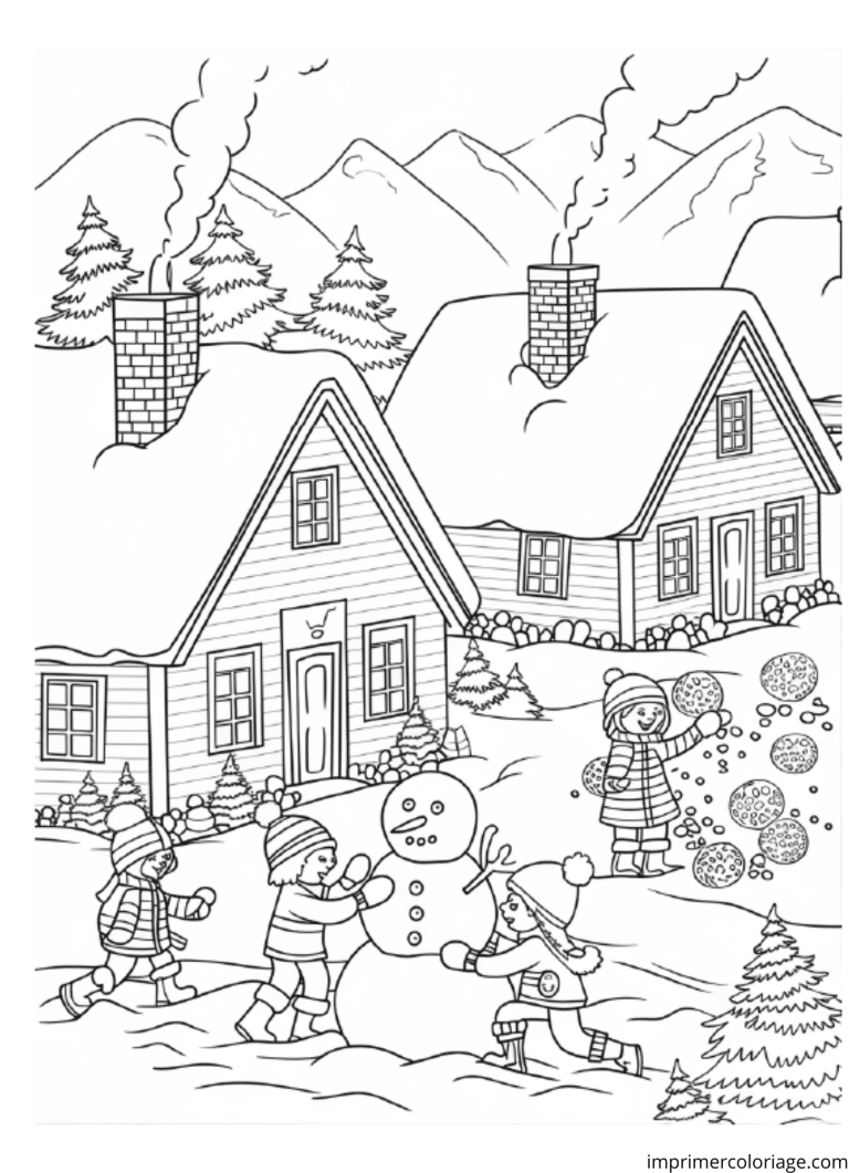 Coloriage village hiver - dessin gratuit &agrave; imprimer