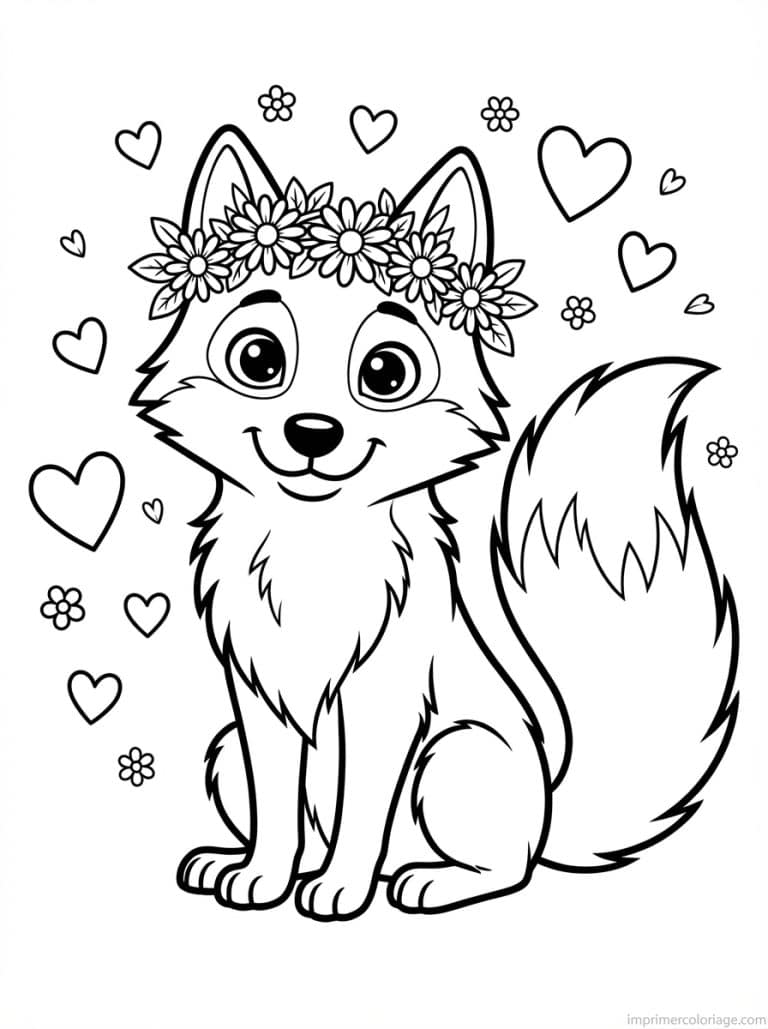 coloriage loup cute couronne fleurs - dessin gratuit &agrave; imprimer