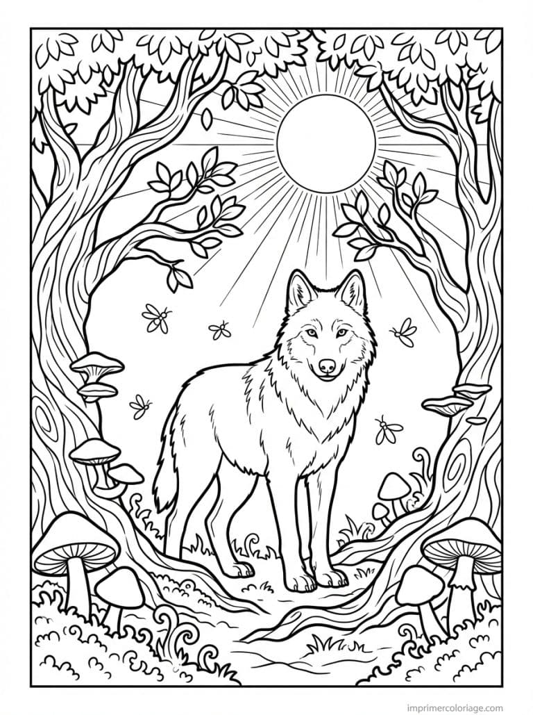 coloriage loup foret enchantee nuit - dessin gratuit &agrave; imprimer