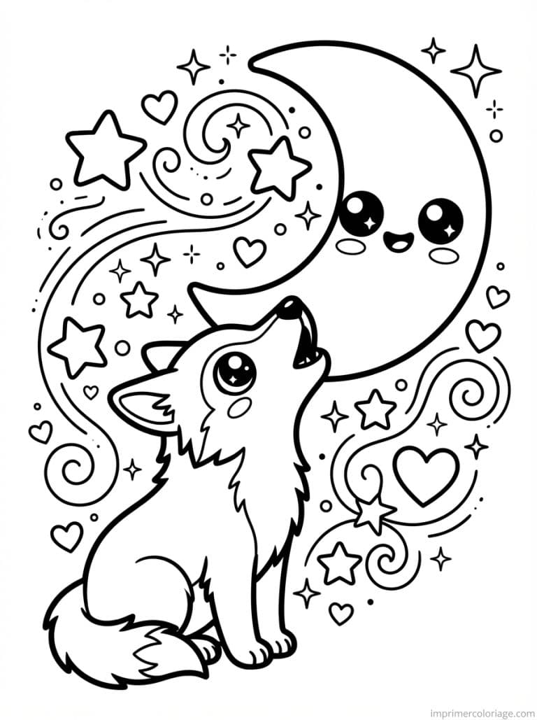 coloriage loup kawaii lune - dessin gratuit &agrave; imprimer