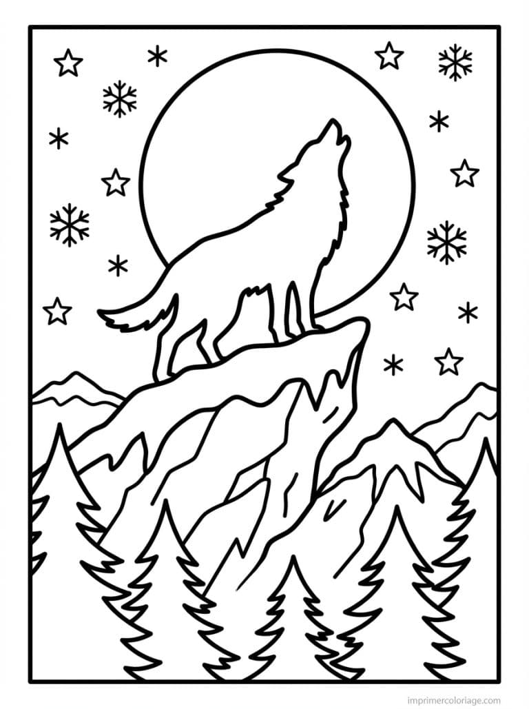 coloriage loup lune montagne neige - dessin gratuit &agrave; imprimer