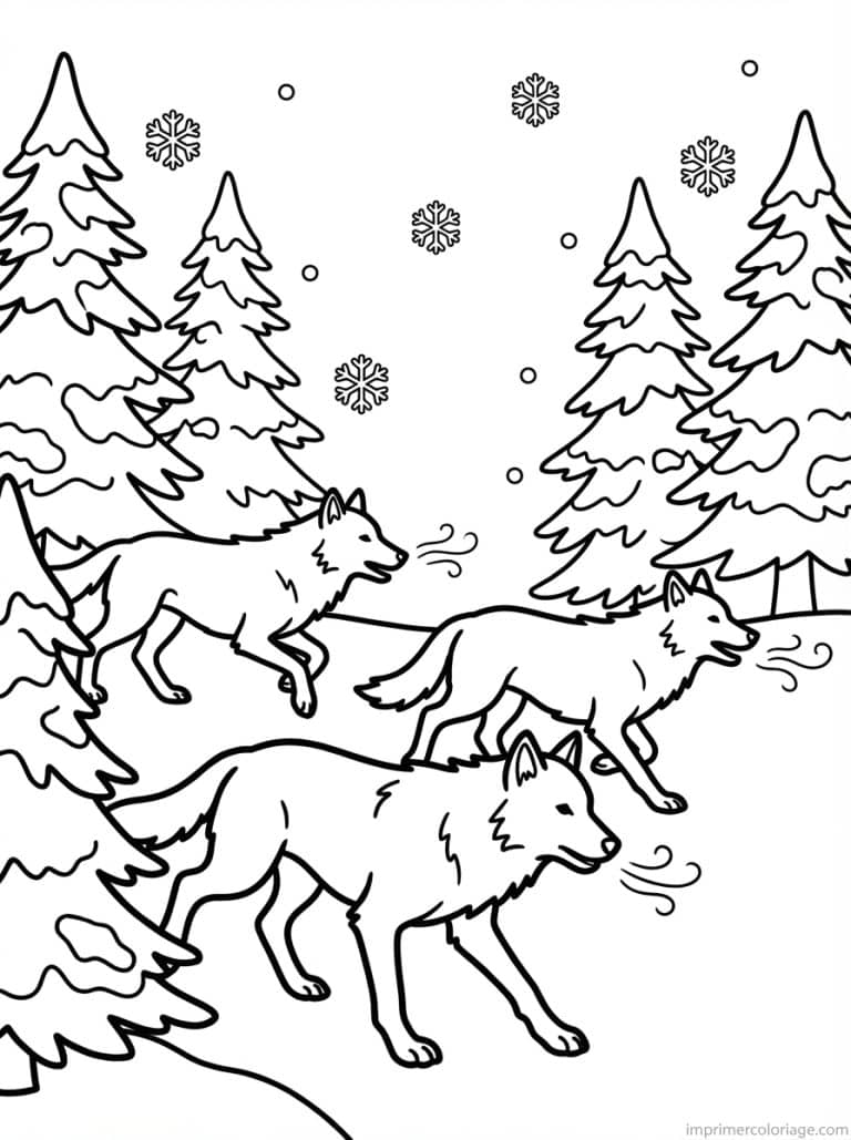 coloriage loup meute foret neige - dessin gratuit &agrave; imprimer
