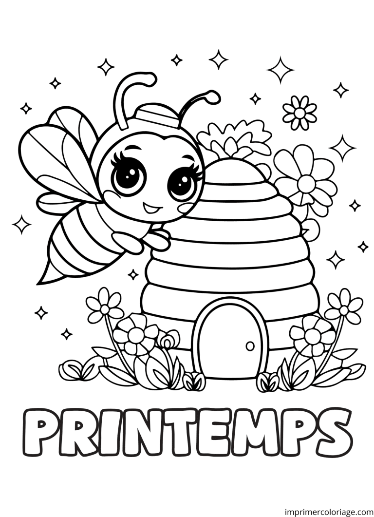 Coloriage abeille ruche printemps - dessin gratuit &agrave; imprimer