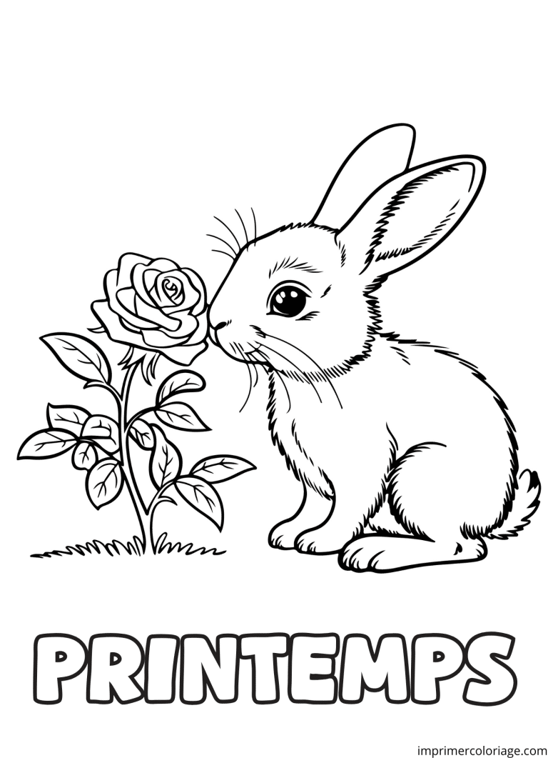 Coloriage lapin et fleurs printemps - dessin gratuit &agrave; imprimer