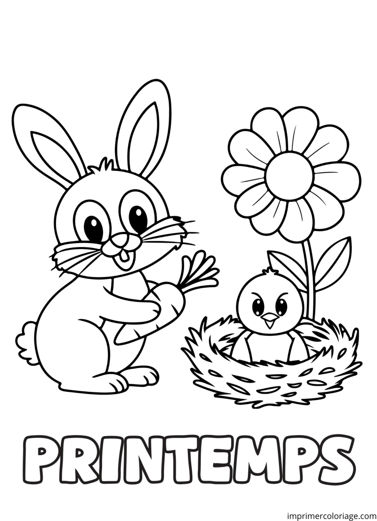 Coloriage printemps lapin oiseau - dessin gratuit &agrave; imprimer