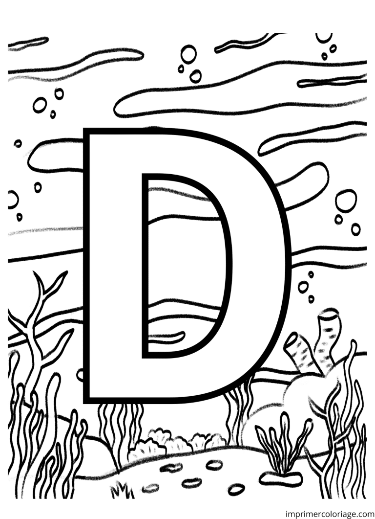 Coloriage de la lettre D dans l'oc&eacute;an - dessin gratuit &agrave; imprimer