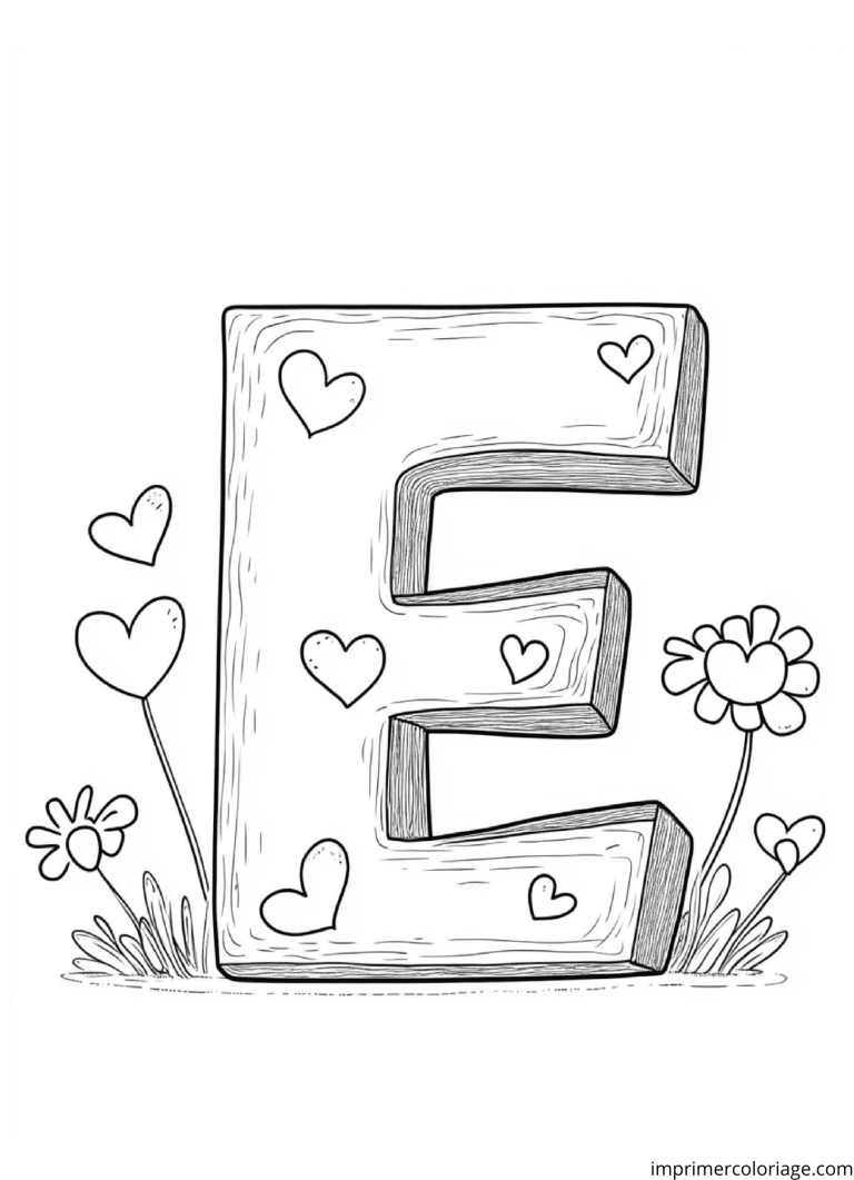 Coloriage de la lettre E amour à imprimer Coloriage de la lettre E amour - dessin gratuit à imprimer