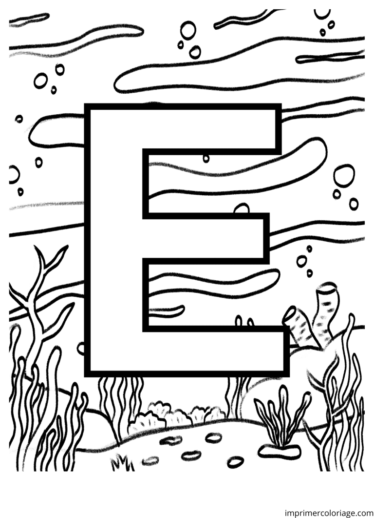 Coloriage de la lettre E dans l’océan à imprimer Coloriage de la lettre E dans l'océan - dessin gratuit à imprimer