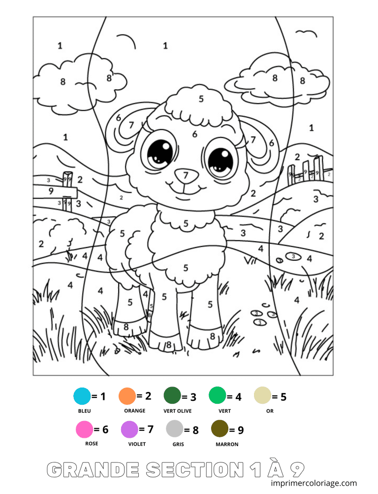 Coloriage magique MOUTON GS 1 &agrave; 7 - dessin gratuit &agrave; imprimer