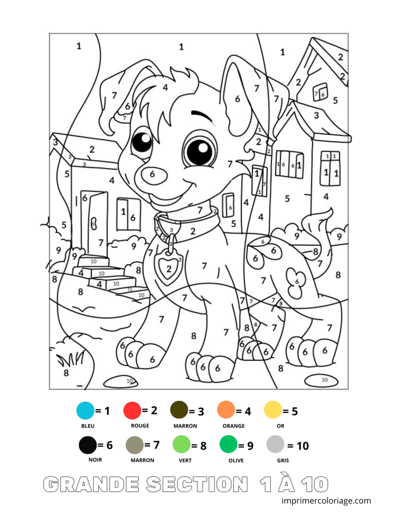 Coloriage magique chiot qui ressemble a pat patrouille GS 1 &agrave; 10 - dessin gratuit &agrave; imprimer