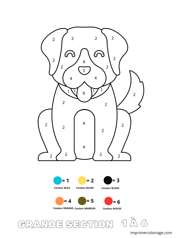 Coloriage magique grande section de chien 1 &agrave; 6 - dessin gratuit &agrave; imprimer