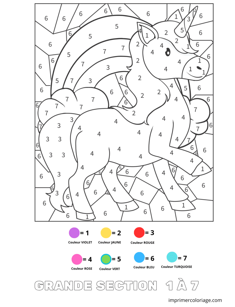 Coloriage magique grande section de licorne 1 &agrave; 7 - dessin gratuit &agrave; imprimer