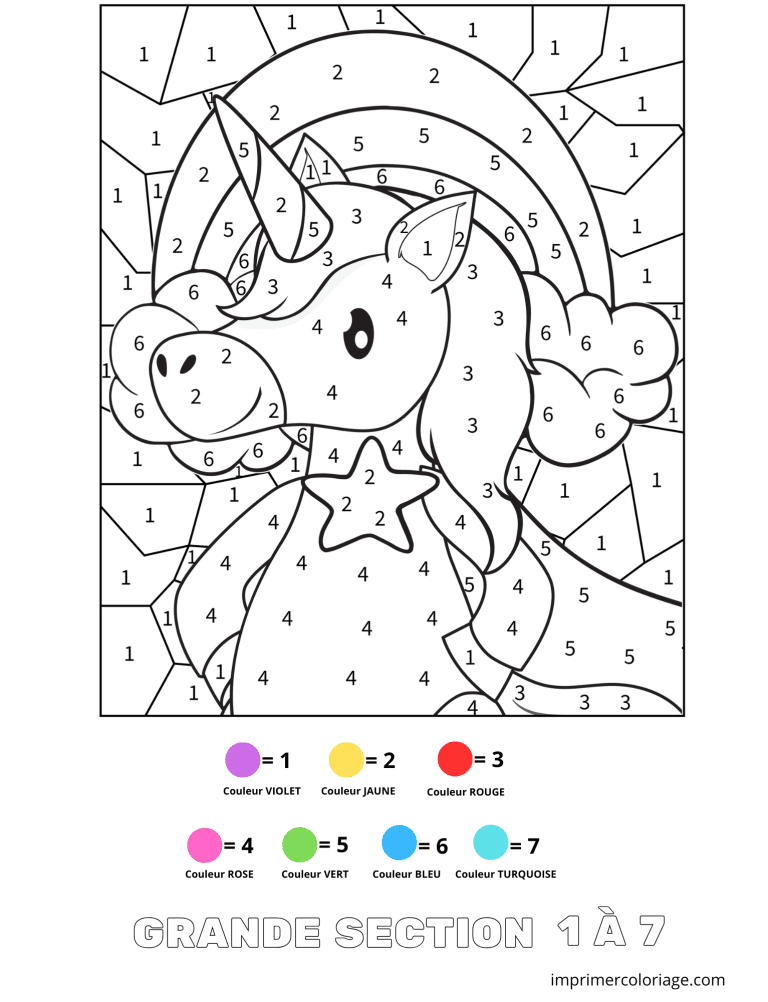 Coloriage magique licorne GS 1 &agrave; 7 - dessin gratuit &agrave; imprimer