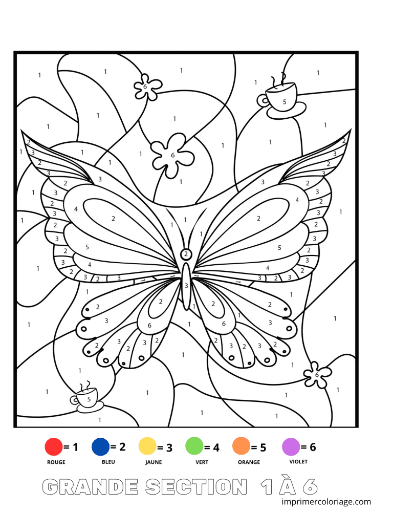 Coloriage magique papillon DIFFICILE GS 1 &agrave; 8 - dessin gratuit &agrave; imprimer