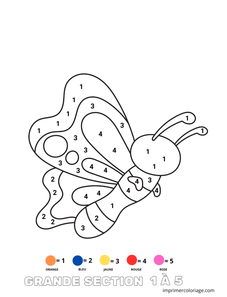 Coloriage magique papillon facile GS 1 &agrave; 5 - dessin gratuit &agrave; imprimer