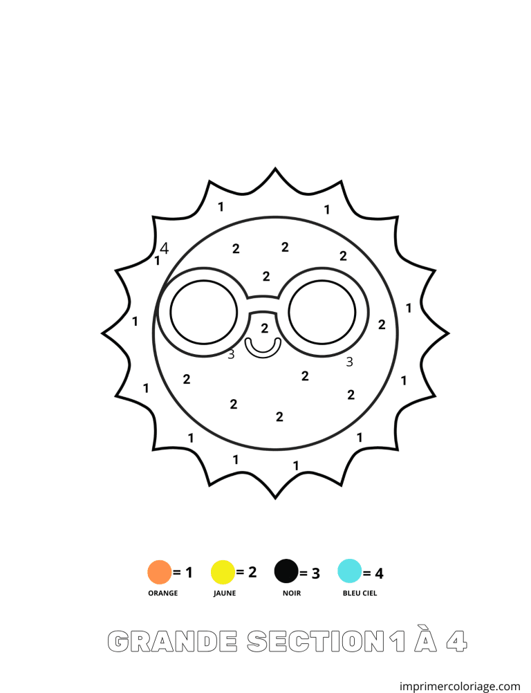 Coloriage magique soleil tr&egrave;s facile GS 1 &agrave; 4 - dessin gratuit &agrave; imprimer
