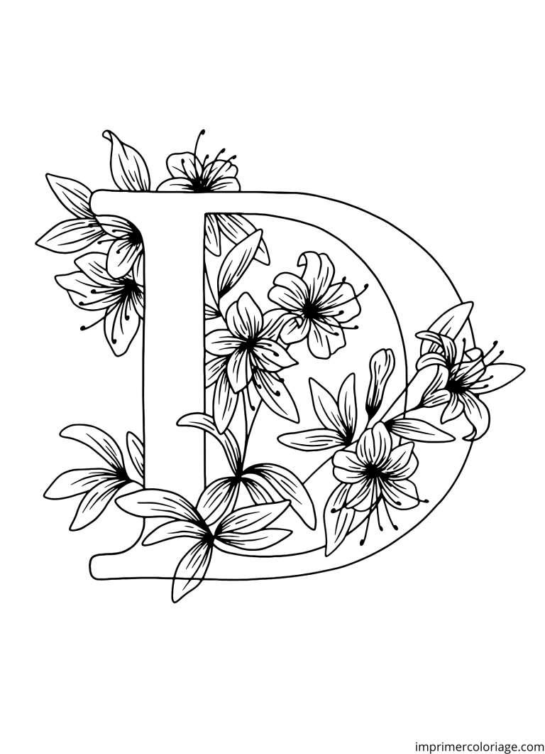 Colorier la lettre D en fleur - dessin gratuit &agrave; imprimer