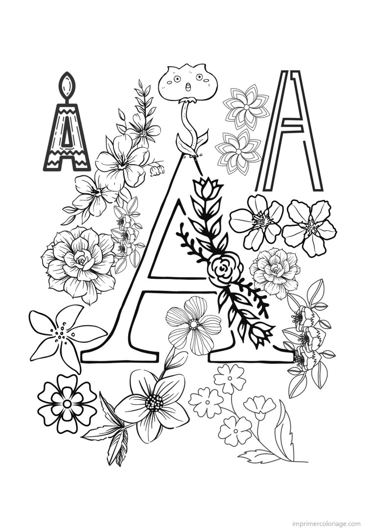 coloriage lettre a fleurs realistes - dessin gratuit &agrave; imprimer