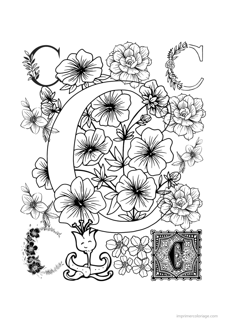 coloriage lettre c fleurs realistes - dessin gratuit &agrave; imprimer