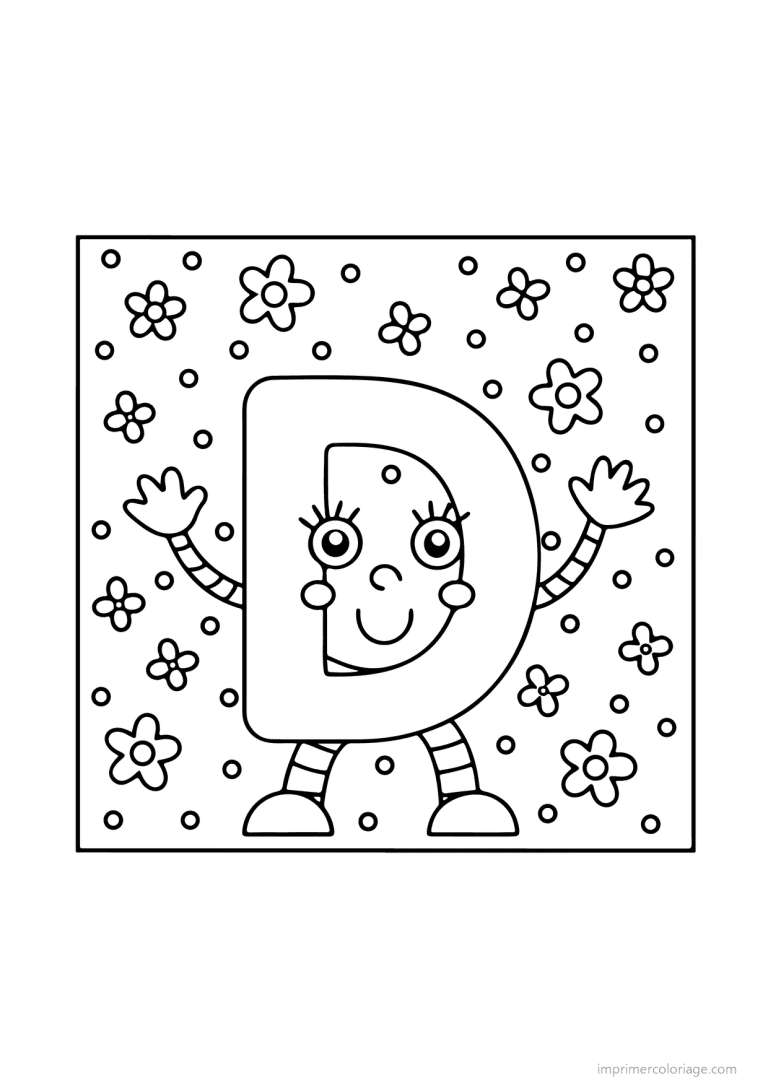 coloriage lettre d bonhomme fleurs - dessin gratuit &agrave; imprimer