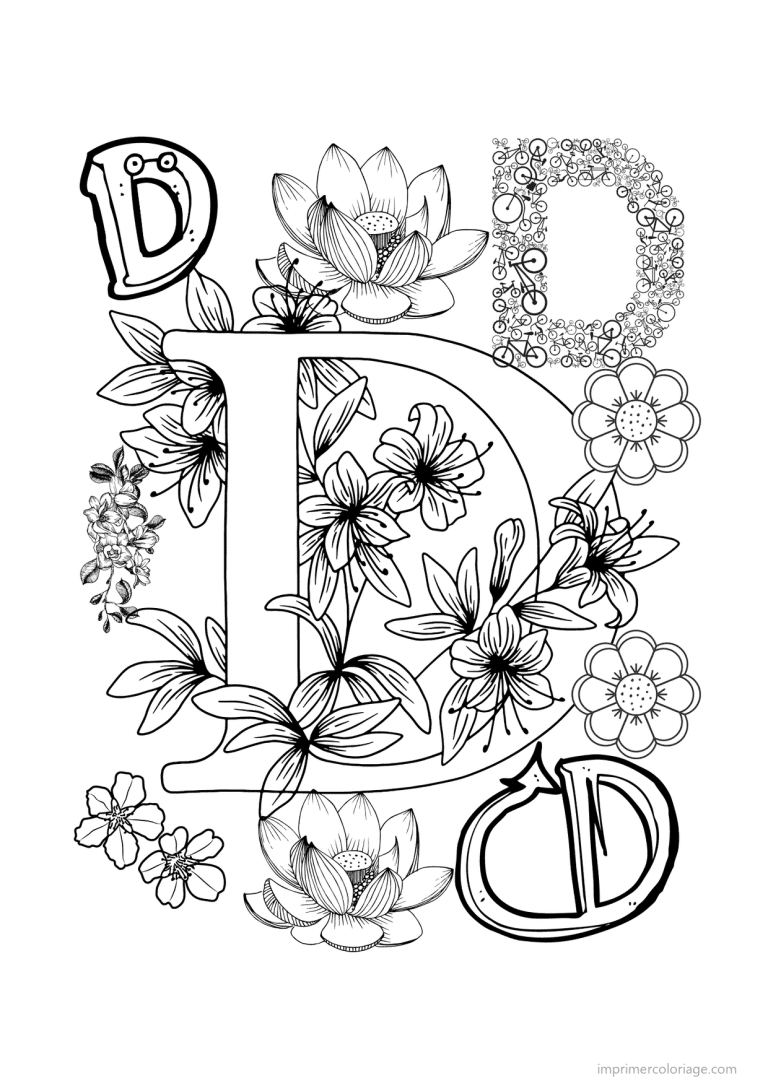 coloriage lettre d fleurs realistes - dessin gratuit &agrave; imprimer
