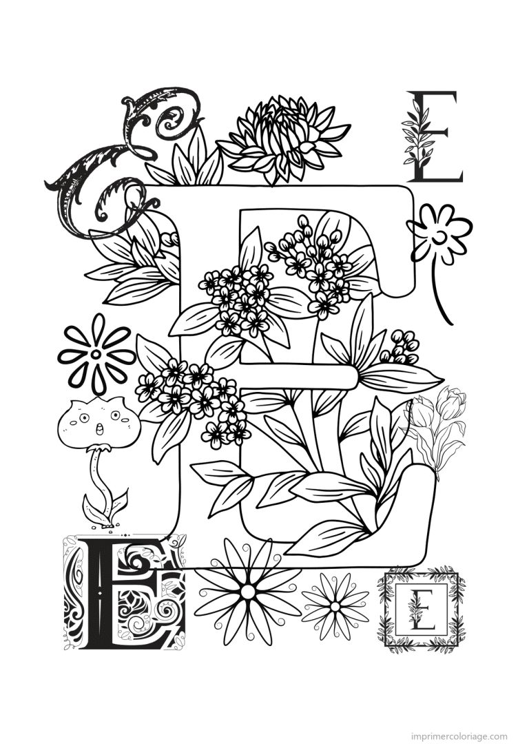 coloriage lettre e fleurs realistes - dessin gratuit &agrave; imprimer