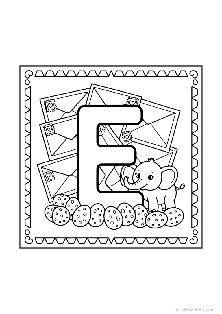 coloriage lettre e scene illustree - dessin gratuit &agrave; imprimer