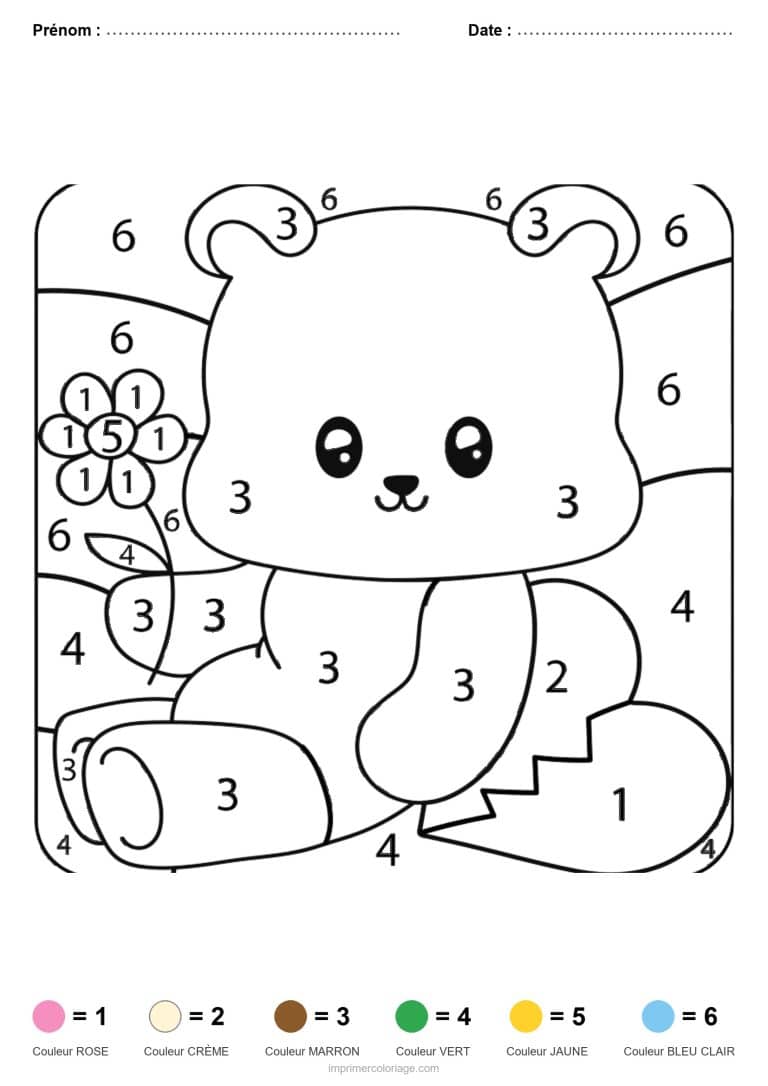 coloriage magique animaux ourson a la fleur - dessin gratuit &agrave; imprimer