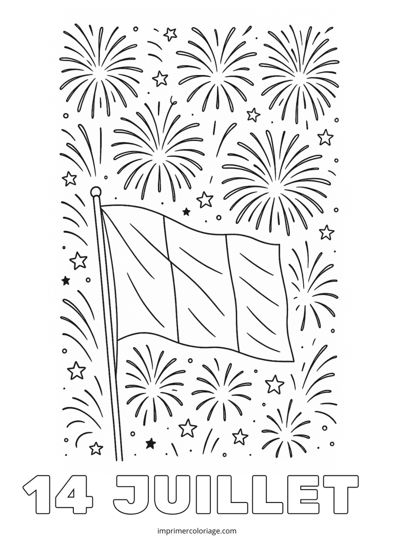Coloriage 14 juillet avec drapeau - dessin gratuit &agrave; imprimer