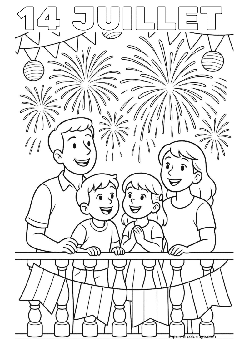Coloriage 14 juillet famille (2) - dessin gratuit &agrave; imprimer