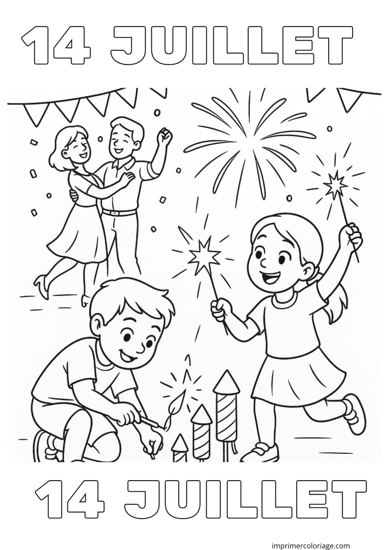 Coloriage 14 juillet fus&eacute;e et bal - dessin gratuit &agrave; imprimer