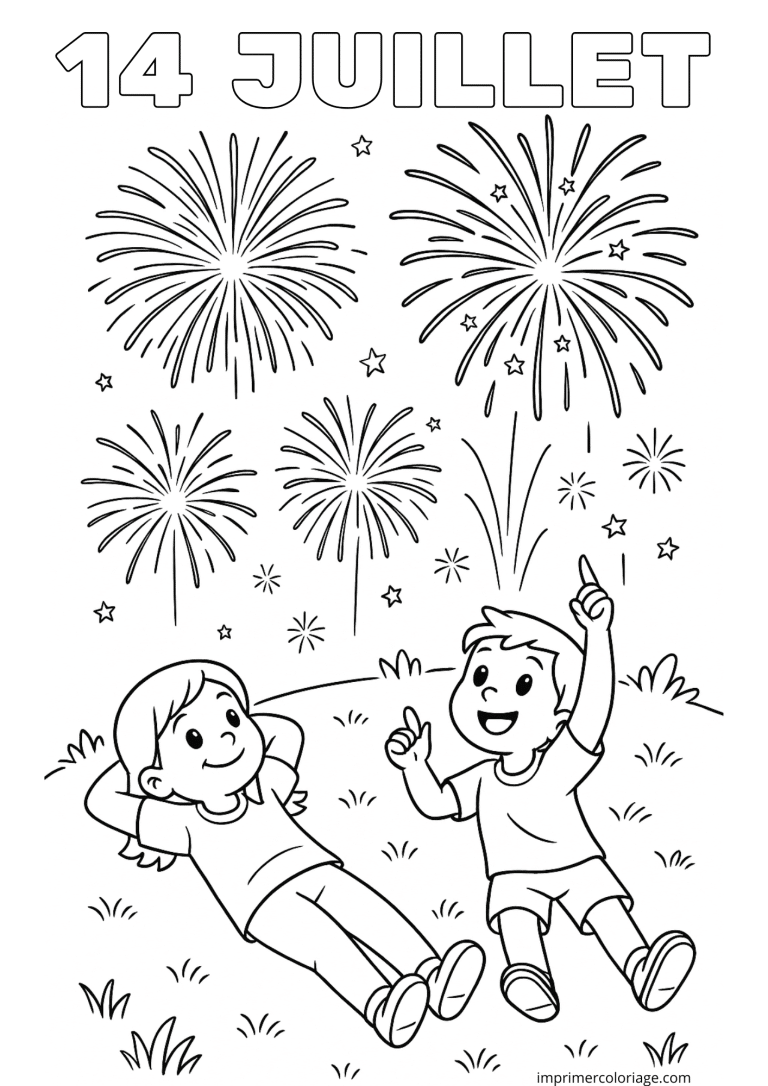 Coloriage 14 juillet spectacle feux d'artifice - dessin gratuit &agrave; imprimer