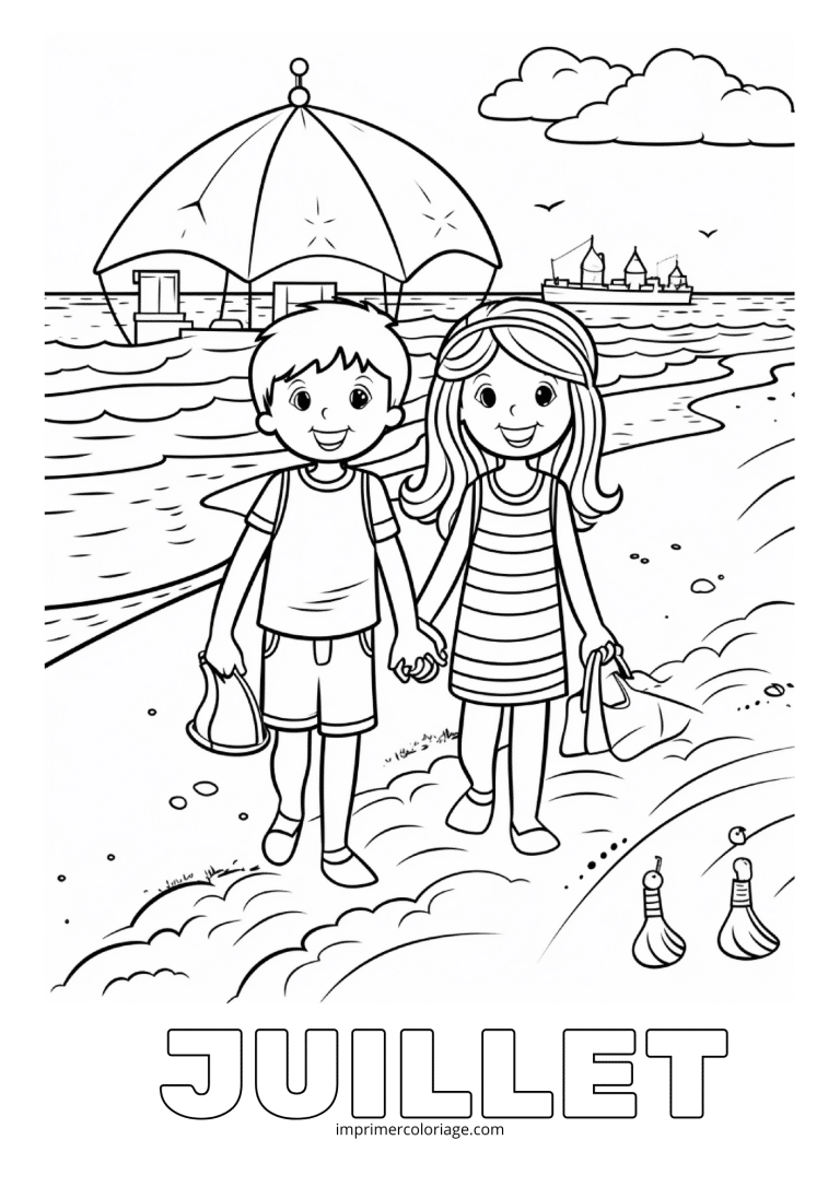 Coloriage juillet amoureux plage - dessin gratuit &agrave; imprimer