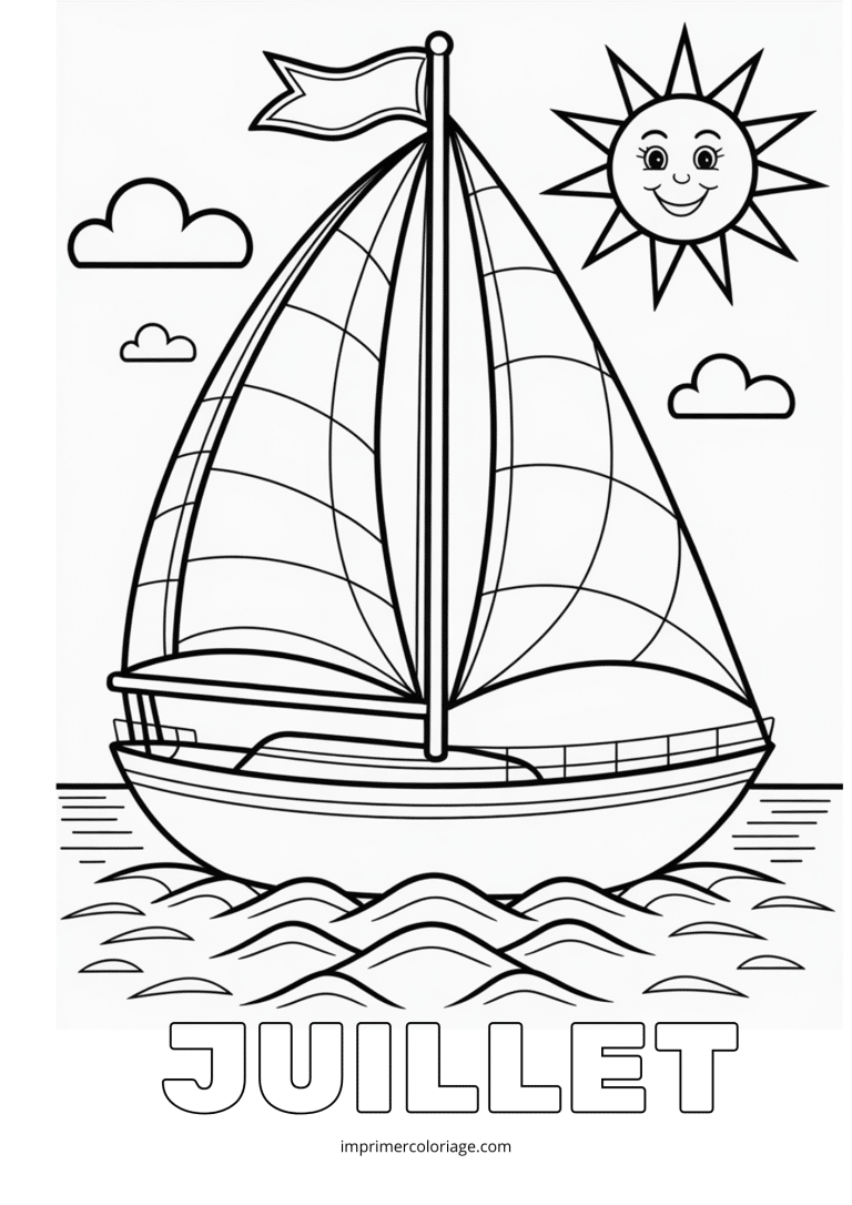 Coloriage juillet bateau l'oc&eacute;an - dessin gratuit &agrave; imprimer