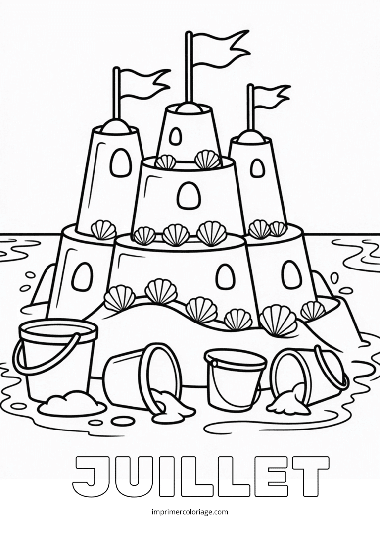 Coloriage juillet chateau de sable plage - dessin gratuit &agrave; imprimer