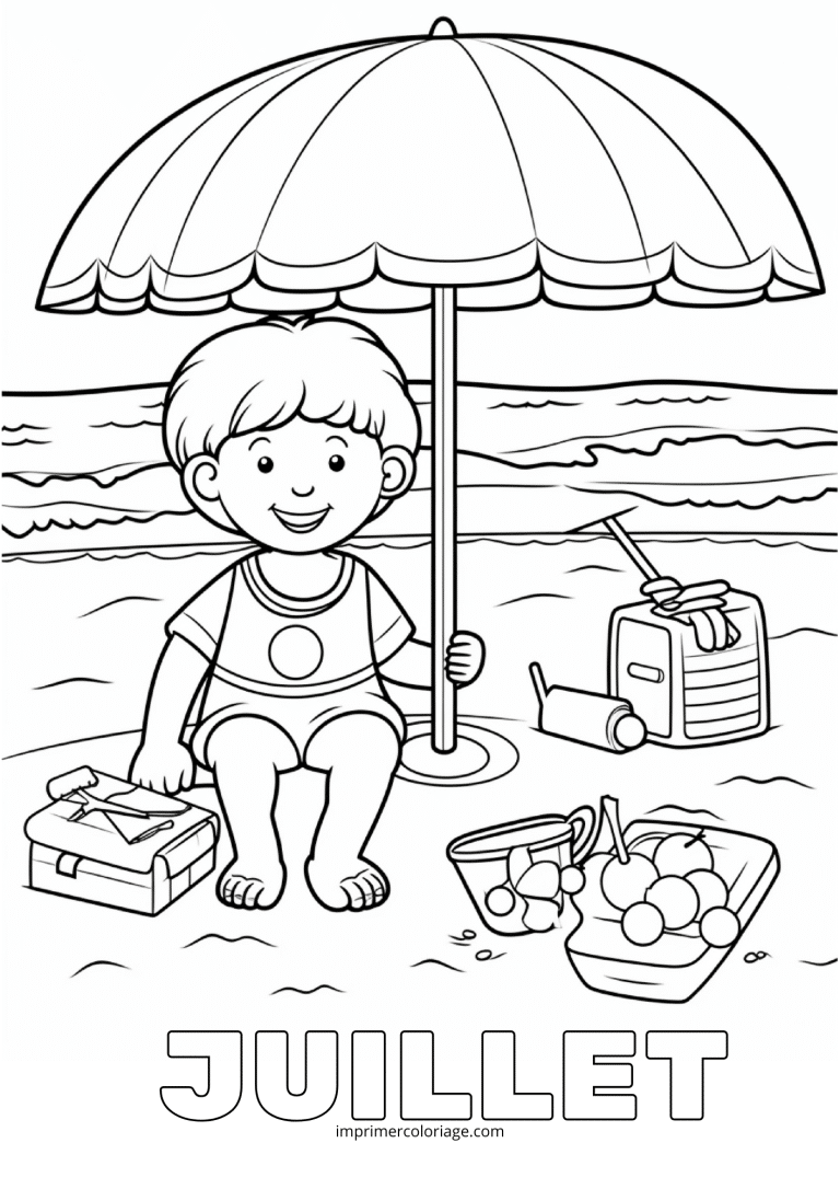 Coloriage juillet enfant sous le parasol - dessin gratuit &agrave; imprimer