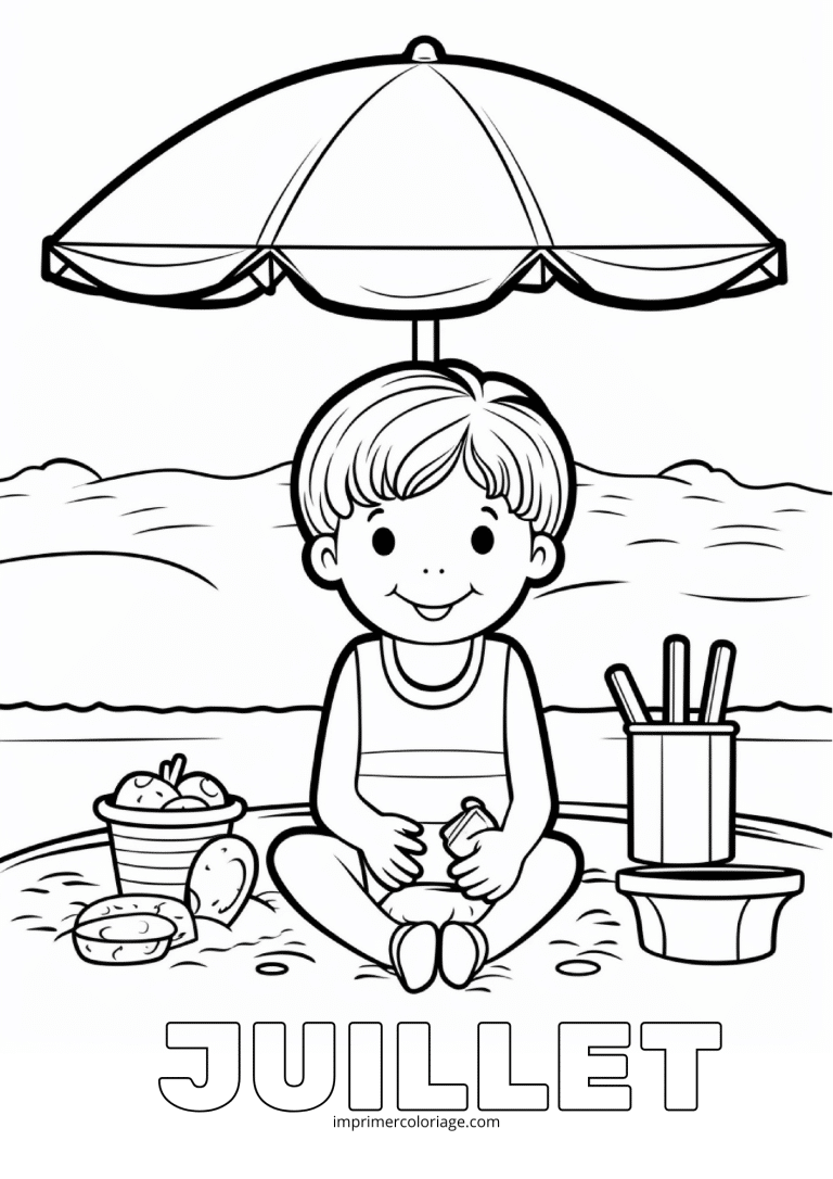 Coloriage juillet enfant sur la plage - dessin gratuit &agrave; imprimer