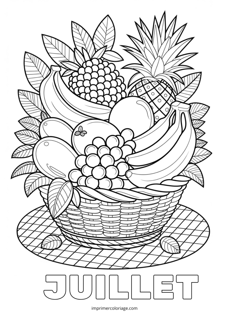 Coloriage juillet panier de fruits - dessin gratuit &agrave; imprimer