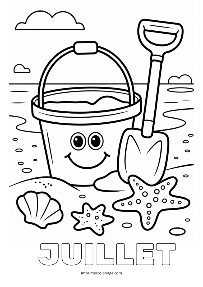 Coloriage juillet sable seau pelle - dessin gratuit &agrave; imprimer