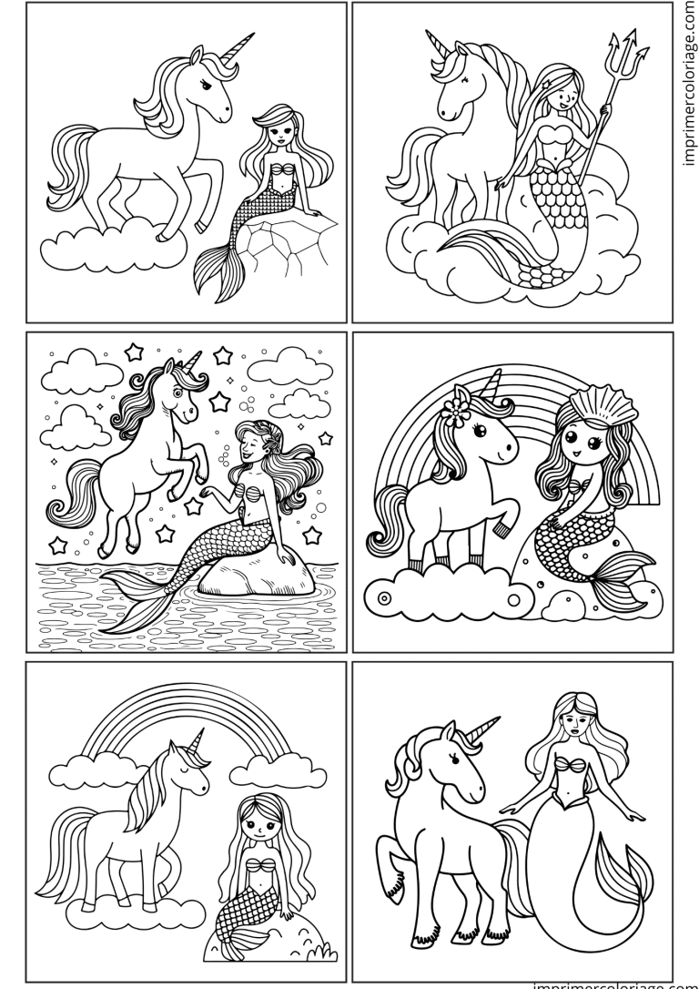 6 petits coloriages de licorne sir&egrave;ne girly - dessin gratuit &agrave; imprimer