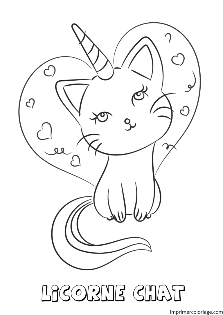 Coloriage d'un chat licorne avec coeur - dessin gratuit &agrave; imprimer