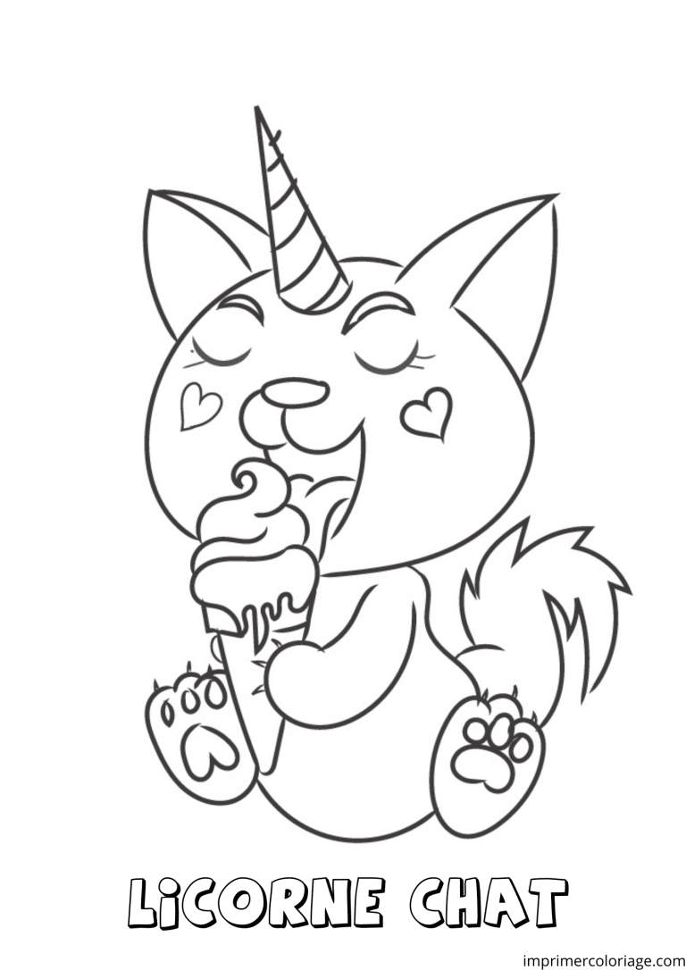 Coloriage d'un chat licorne qui mange une glace - dessin gratuit &agrave; imprimer