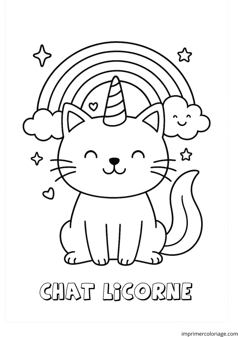 Coloriage d'un chat licorne qui sourit - dessin gratuit &agrave; imprimer