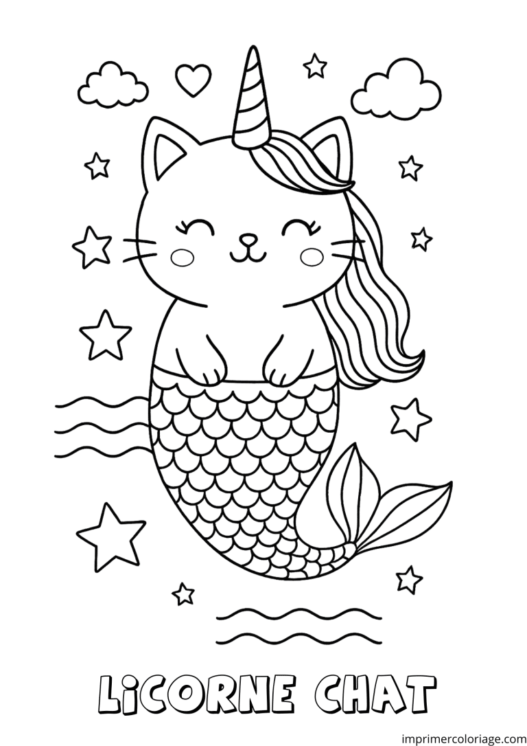 Coloriage d'un chat licorne sir&egrave;ne &eacute;toile - dessin gratuit &agrave; imprimer